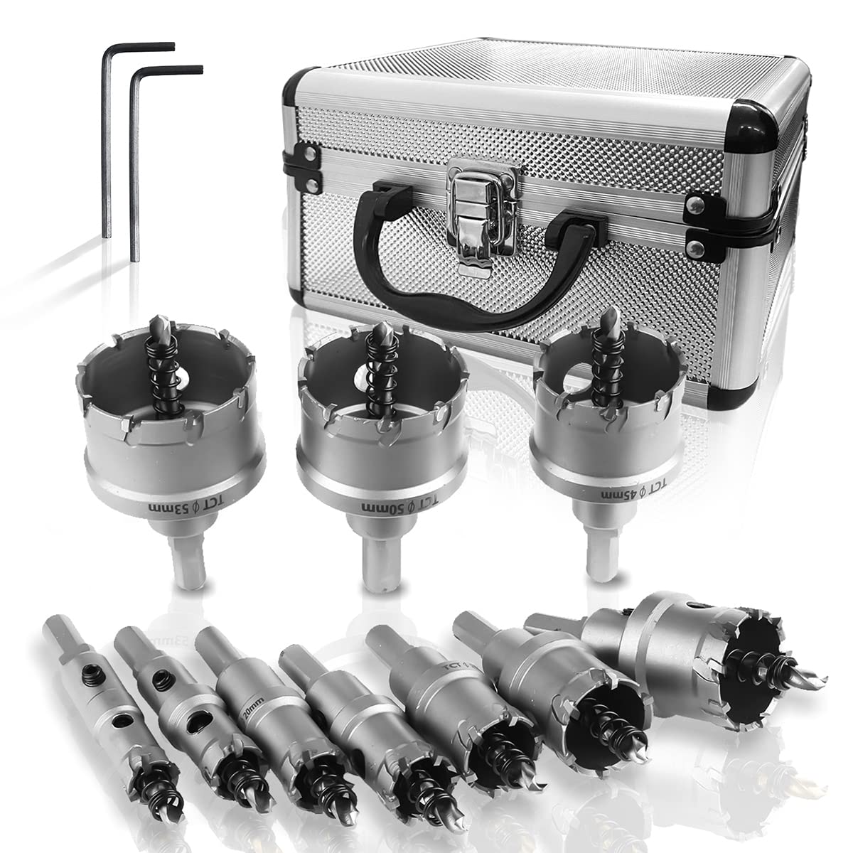 SagaSave 10 sierras perforadoras de metal duro, de acero inoxidable, para metal, acero inoxidable, hierro fundido, acero, aluminio, etc. (16/18/20/22/25/30/35/45/50/53 mm x 2 llaves Allen)