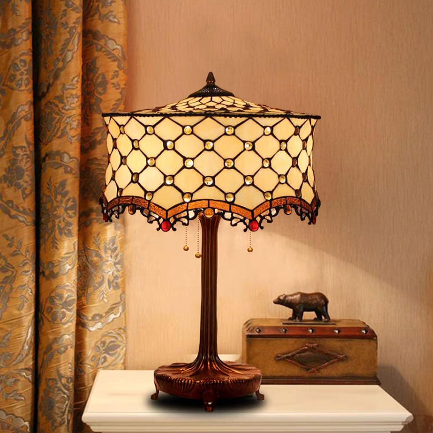 Tiffany Lamp Shade Replacement, Only 18 Inch Wide Stained Glass Lampshades, Vintage Hat Floral Light Cover for Table Lamp Pendant Light Floor Lamp,Amber Beads