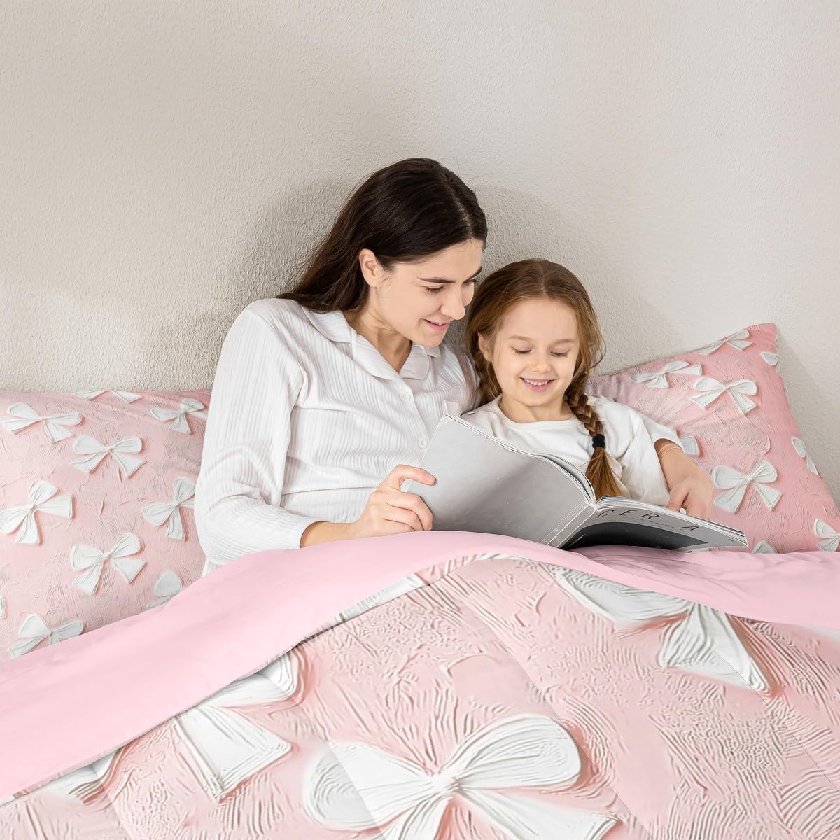 Erosebridal Bow Girls Queen Bedding Set Coquette Bowknot Comforter Set Cute Bow Tie Comforter for Kids Teen Women Kawaii Room Decor,Aesthetic Oil Painting Pink White Quilt Duvet