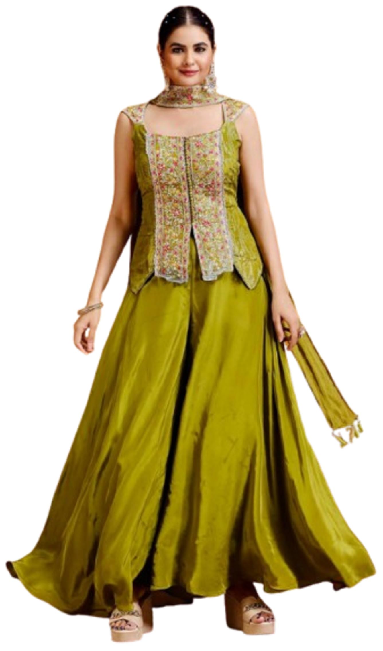 Lehenga Koti Plaazzo For Womens And Girls Ready To Wear Hevay Chinon Silk Fabric With Multicolour embroidery Thred Work Top-image-16