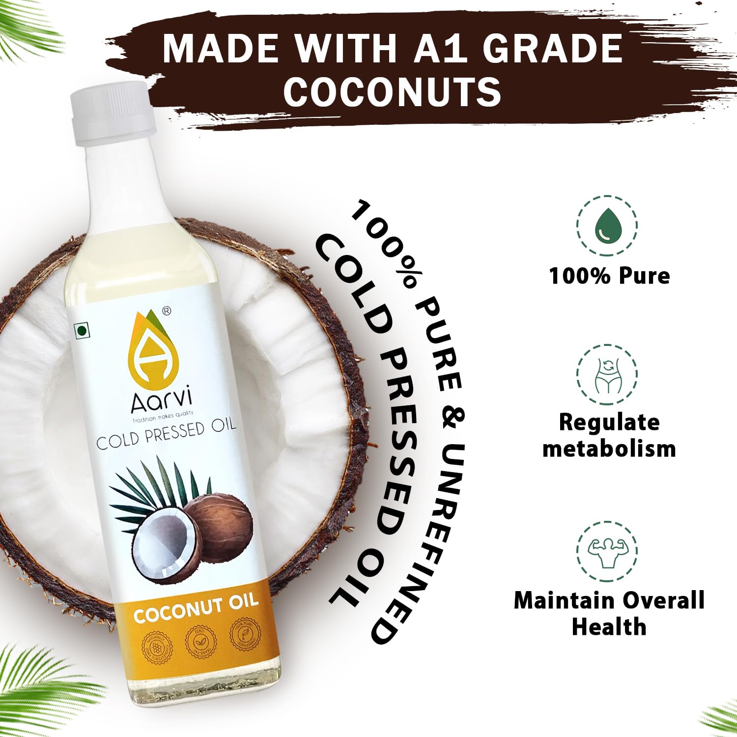 AARVI Cold Pressed Coconut Oil 500ml x 2 | Wood Pressed Coconut Oil | Unrefined Multipurpose Oil for Cooking, Hair Care, Skin Care, Baby Massage & Oil Pulling | Pack of 2 1