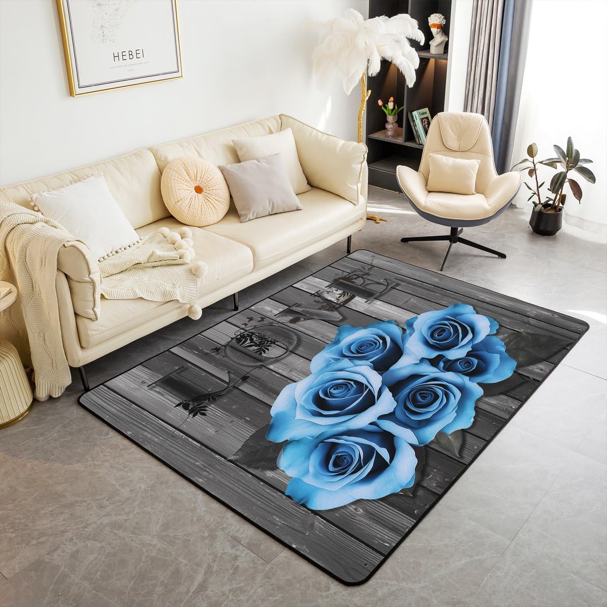 Erosebridal Turquoise Grey Carpet Teal Rose Flowers Area Rugs 3x5 for Bedside for Girls Men Women Valentine Day Wedding Living Room Rug Gifts for Couple Lover,Country Rose Floral Indoor Floor Mat