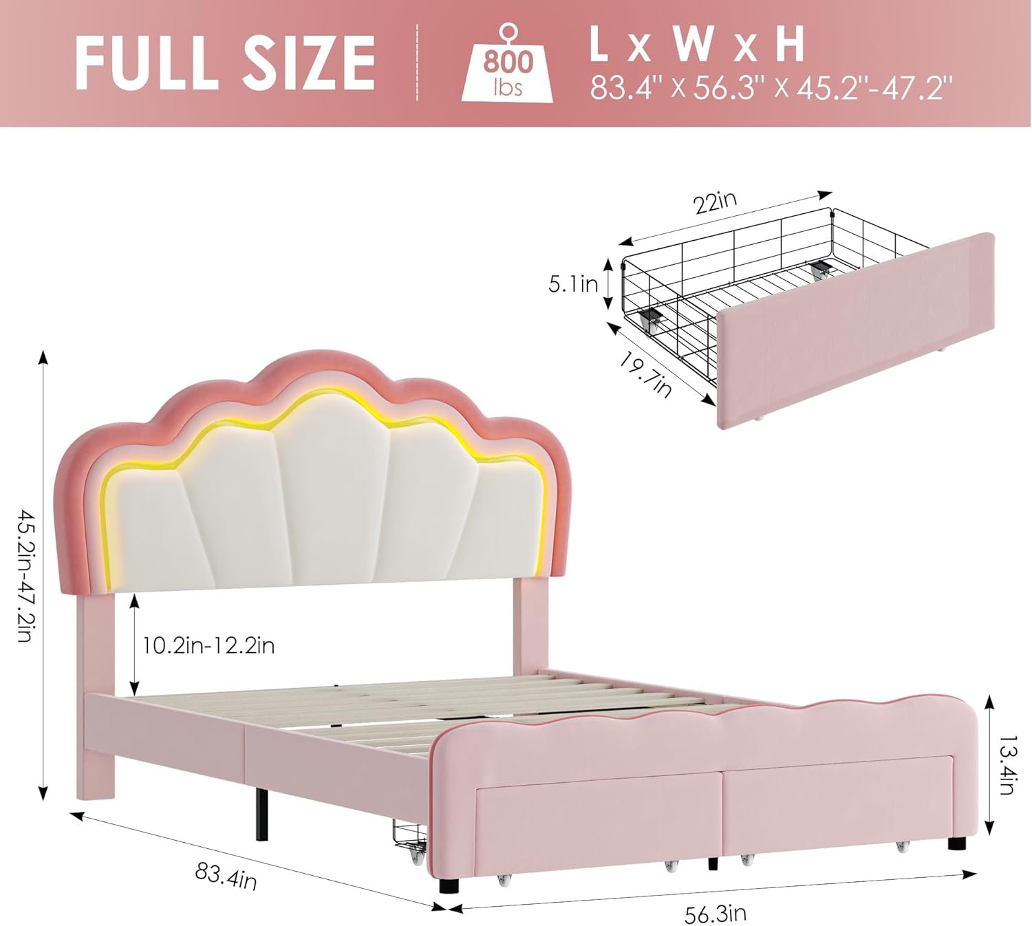 Dimensions of the HOSTACK Full Upholstered LED Bed Frame