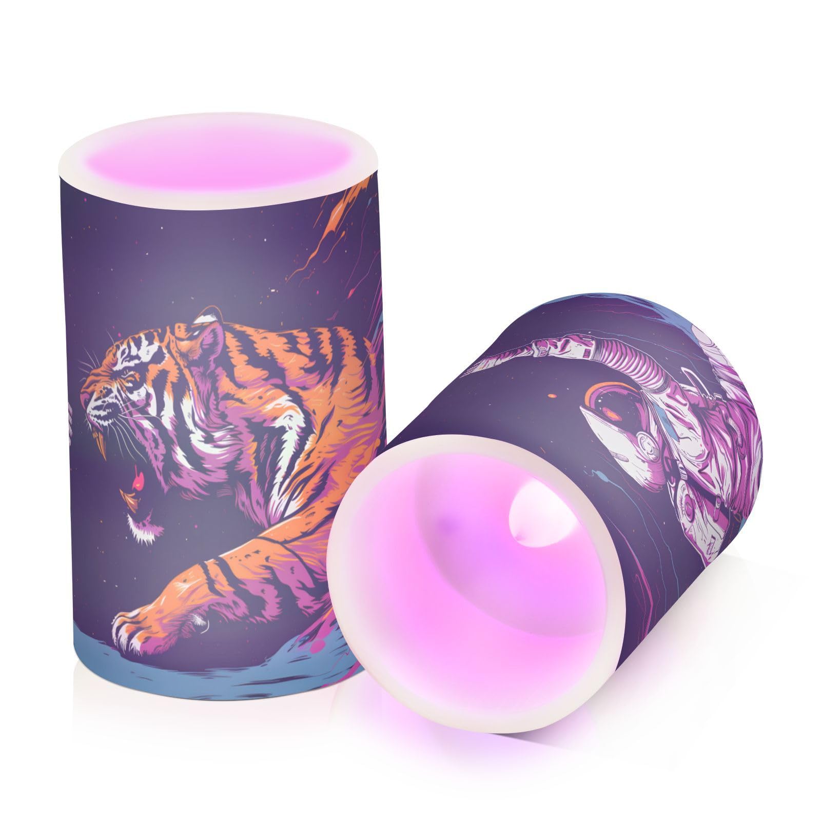 Cosmonaut Fight with Alien Tiger Flickering Flameless Candles Battery Operated with Remote Timer,Tea Light Candles LED Pillar Votive Candles set of 2 for Outdoor Indoor Decor