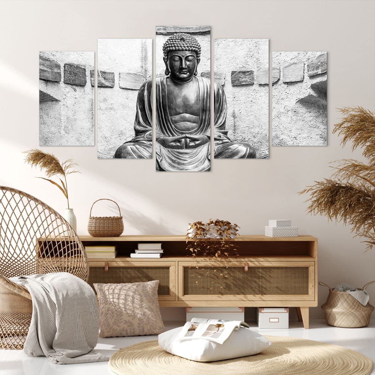 Lienzo Decorativo 160x85cm Tríptico Arquitectura Blanco y Negro - 4329 | japonés Buda Estatua Cuadro sobre Lienzo Grande Arte mural Decoración del Hogar Salón Dormitorio Oficina Cuadros de Pared