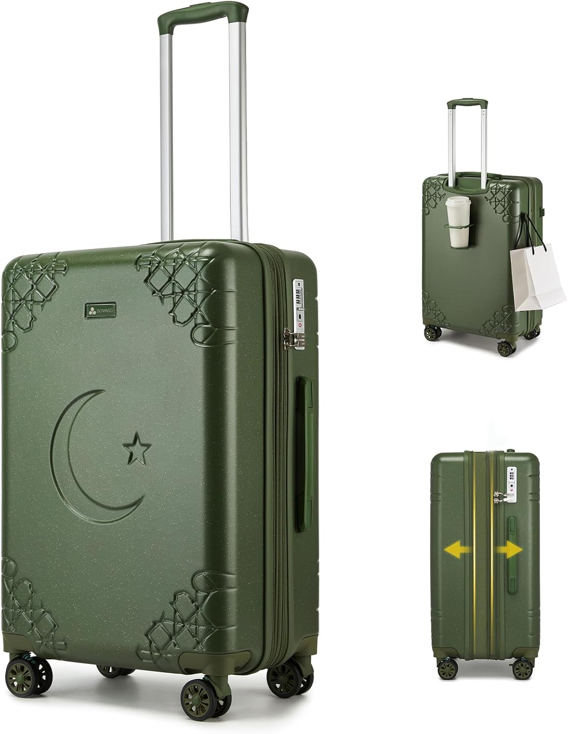 Somago Expandable Carry On luggage with Shock-Absorbing Braking Spinner Wheels Moon Star Design Hard Shell Suitcase with Cupholder TSA Lock (Army Green,Expandable 20 Inch)