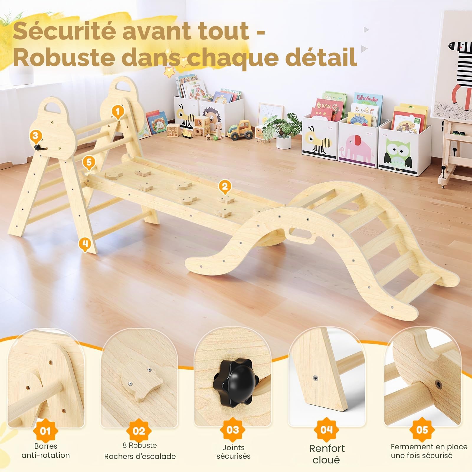 Kit de portique d'escalade Montessori 7 en 1 : triangle d'escalade d'intérieur, arche d'escalade avec coussin et toboggan, jouet d'escalade en bois, structure d'escalade pour 1 à 5 ans (3P avec