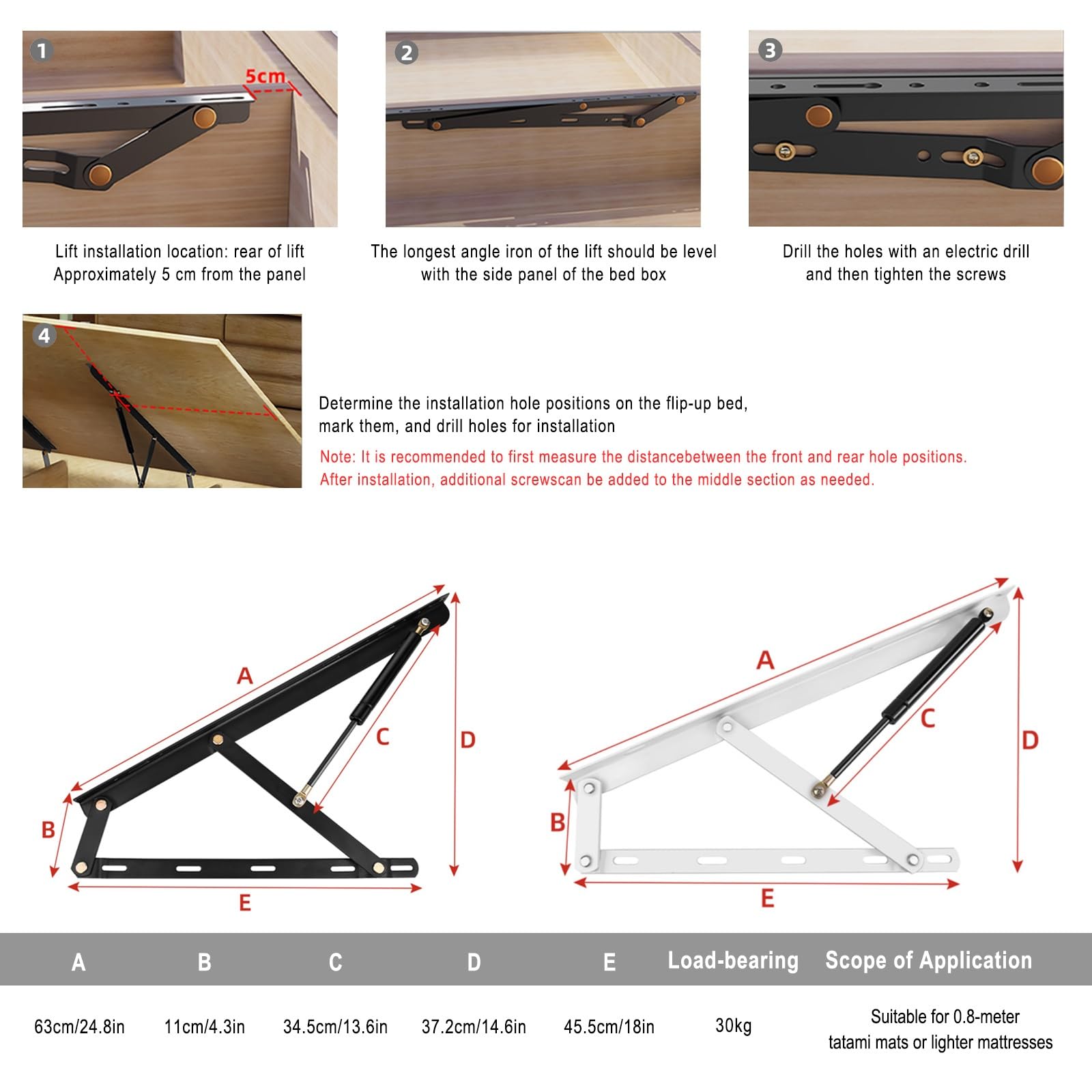 Paquete De 2 Mecanismos De Cama Hidráulicos De Alta Resistencia, Varilla De Soporte De Tatami Con Resortes, Construcción De Acero Reforzado, Bastidor De Soporte Hidráulico Para La Cama(Noir,63cm/24.8i