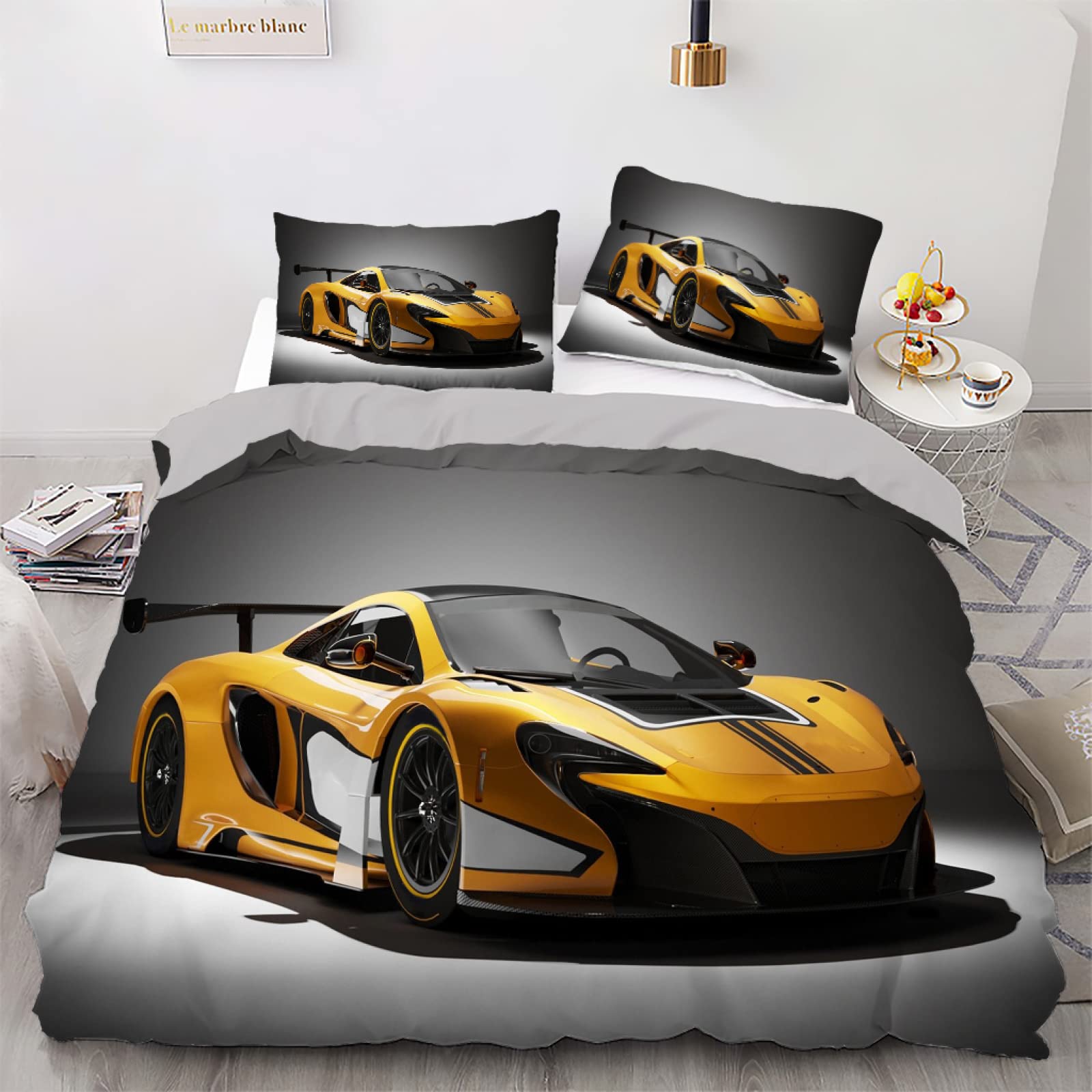 Housse couette 240x220 voiture noire parure lit adulte anti-plis