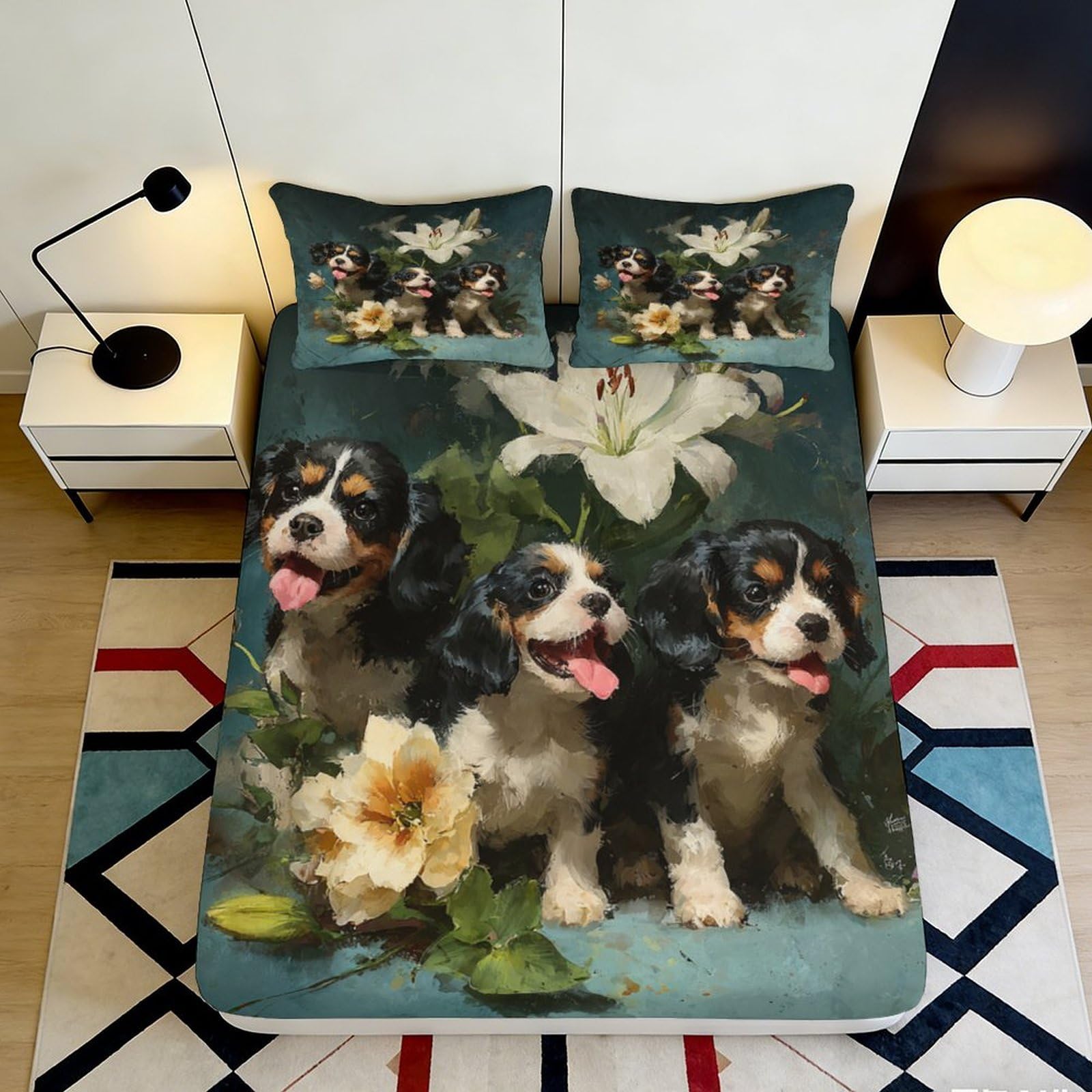3D Printed Dog Floral Fitted Sheet Microfiber Soft Breathable Puppy Bed Cover for Bedroom Guest Room Decor 90x200x25cm