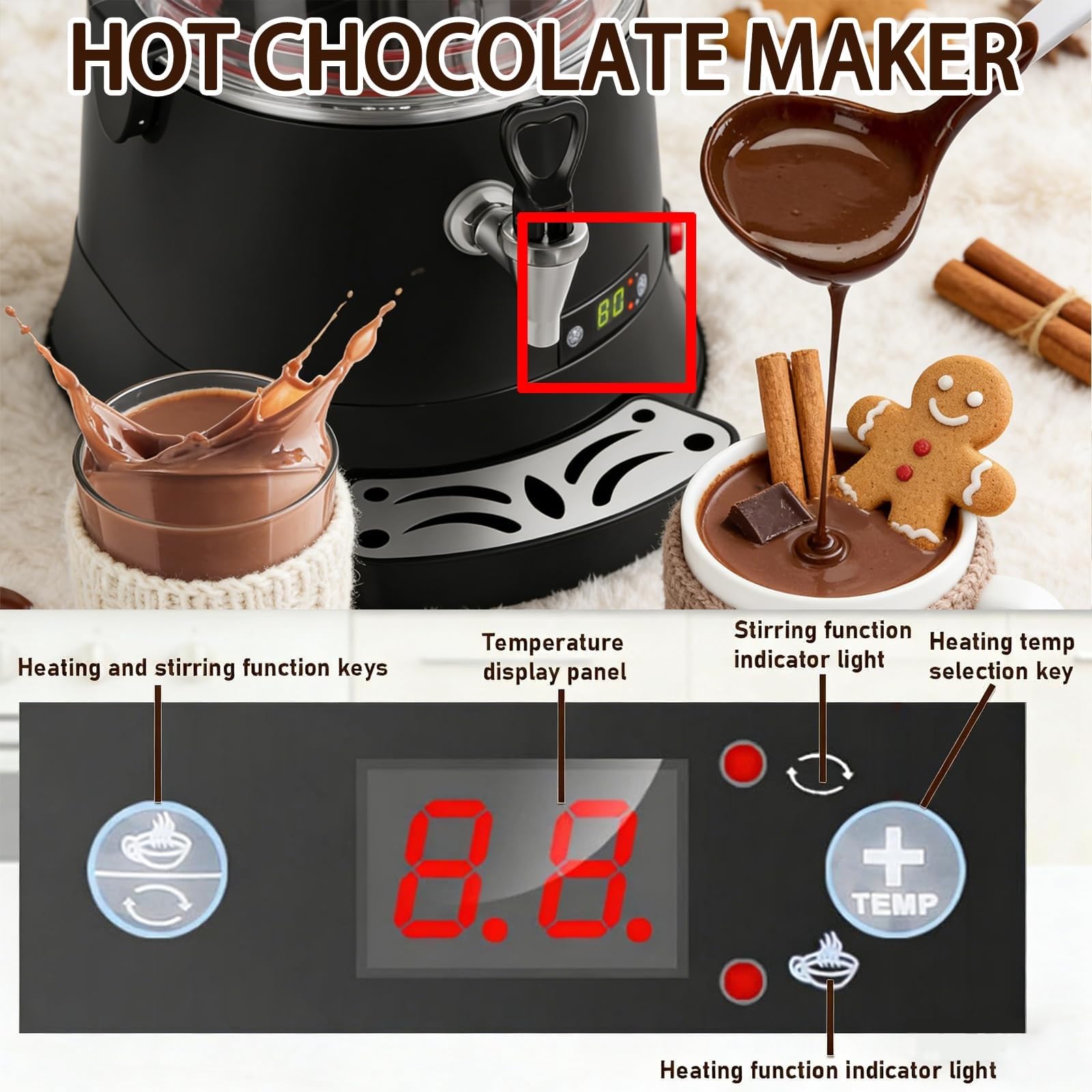 Machine à chocolat chaud commerciale et distributeur – Réchauffeur de boissons, acier inoxydable, réglage 30~90 ℃, 600 W, for chauffer le café, le thé au lait(10L)