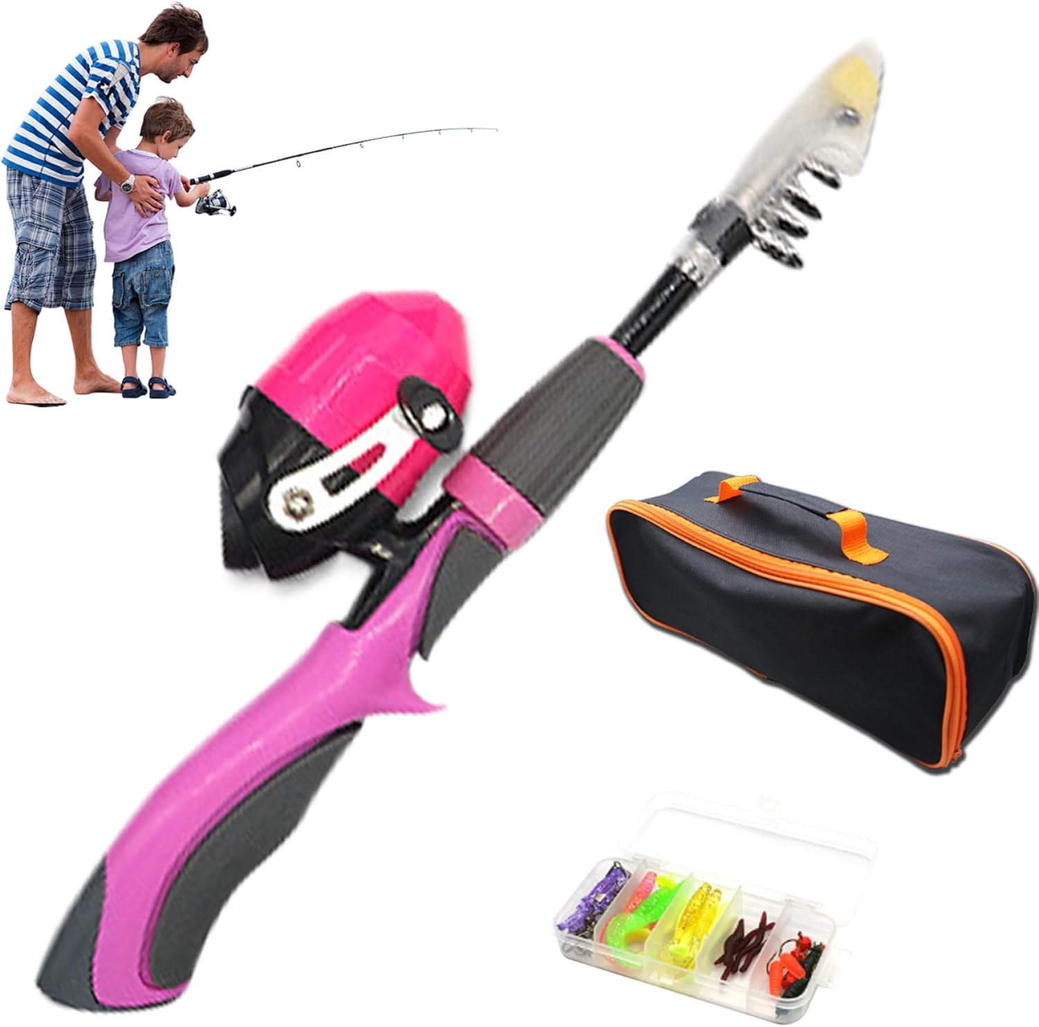 4Pcs/Set Kids Fishing Set Portable Telescopic Fishing Rod Beginner Fishing Pole with Spinning Fishing Reel, Portable Bag, Tackle Box for Gift (Style 2), Telescopic Fishing Rod and Reel Combo