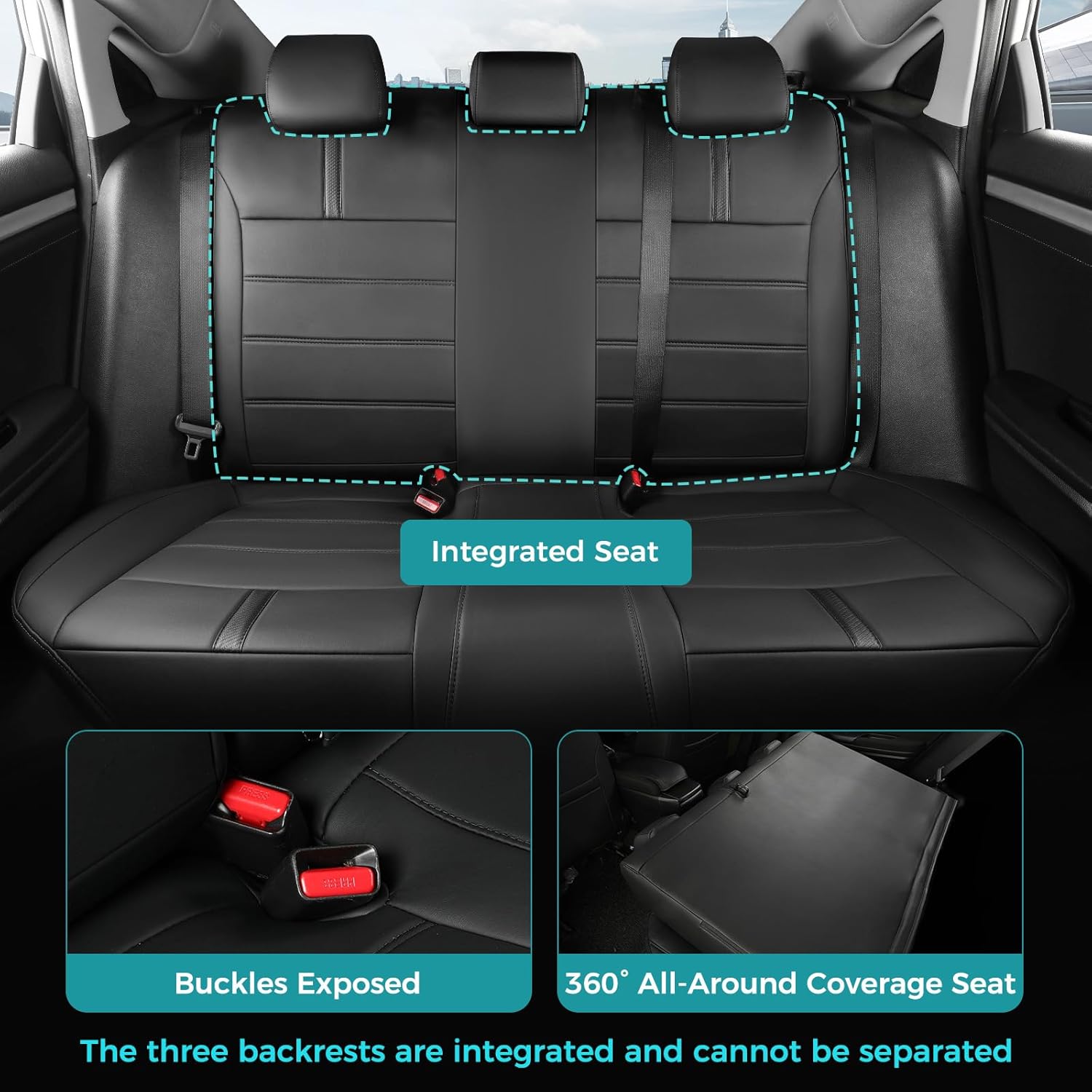 Seat Covers for Honda Civic Sedan LX 2016 2017 2018 2019 2020 2021, Faux Leather Car Seats Cover Full Set Waterproof, Black (Solid Rear Seatback - No Rear Armrest)