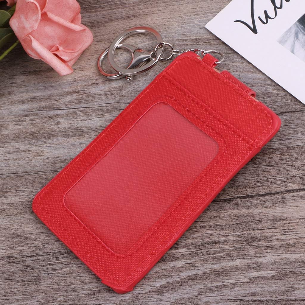 ID Card Holder with Keychain: Clear Window Badge Cover for Bus Pass, Work ID & Transit Cards, Hard Plastic Protective Sleeve, 1-Pack Solid Color (Pink)