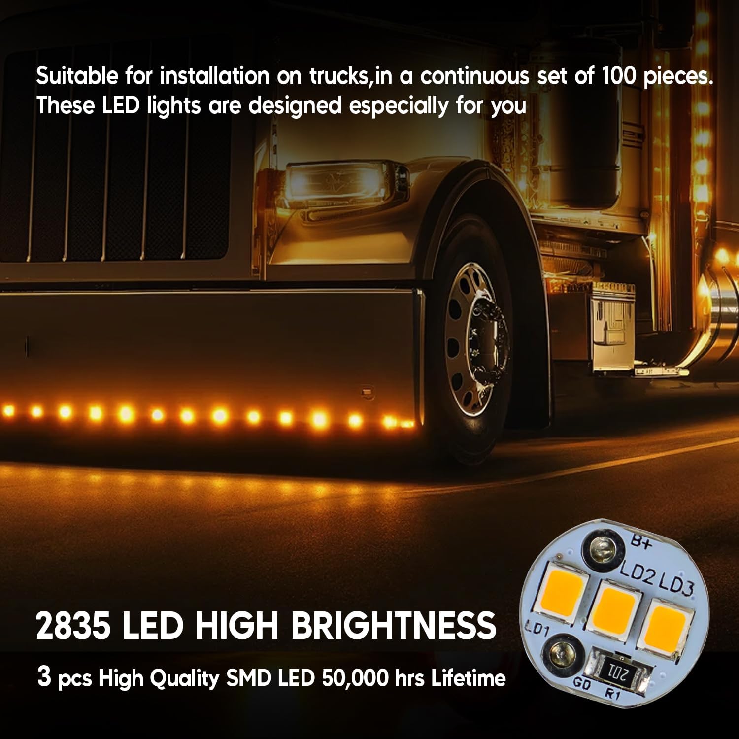 100 Pcs 3/4" Amber LED Marker Lights with DC Plug + 100 Double Female 2-Prong Harnesses – Clearance Indicator Lights for Truck, Trailer, RV, Pickup