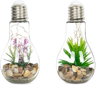 levandeo Juego de 2 bombillas de cristal con 10 luces LED (8 x 19 cm), diseño de plantas artificiales, color verde, rosa y violeta