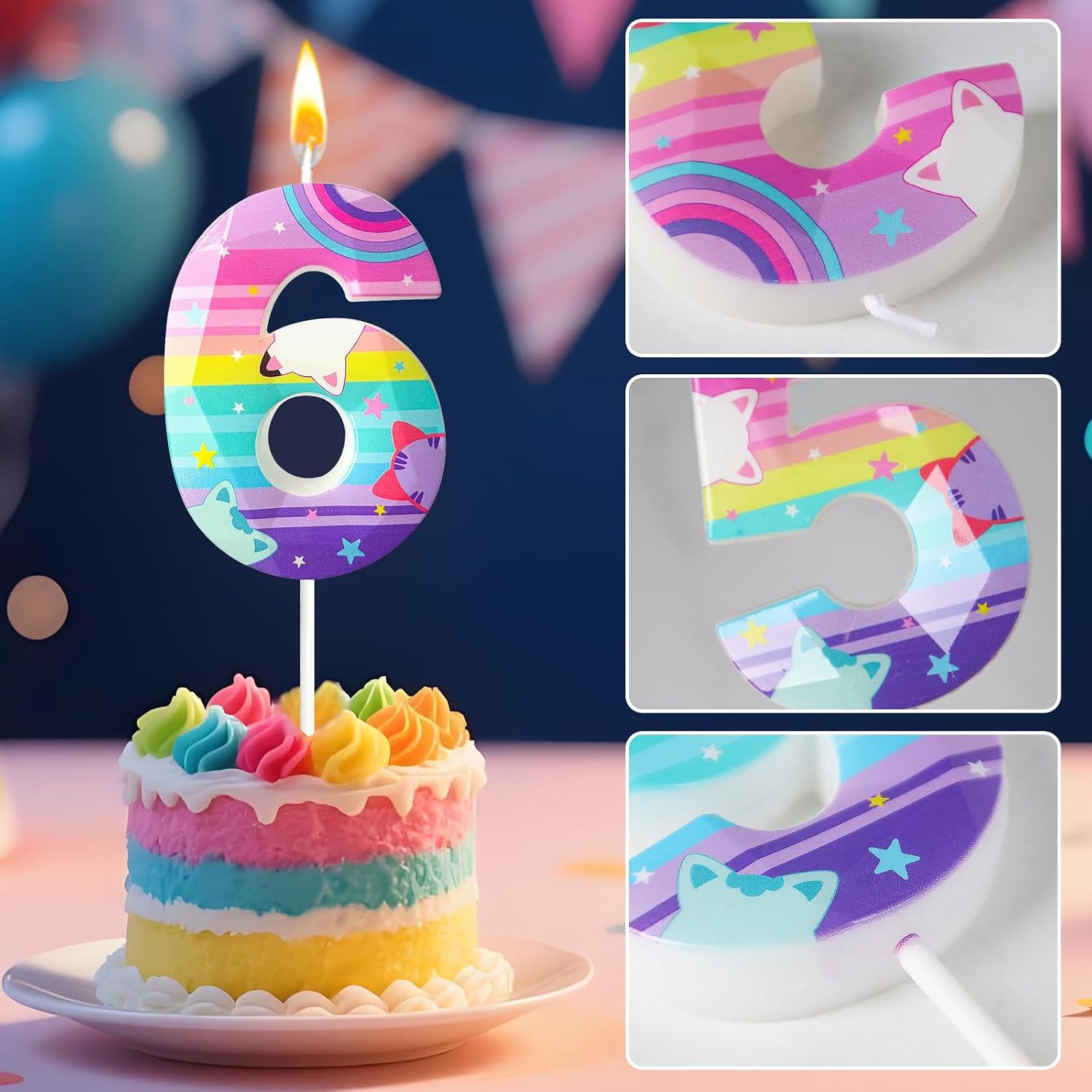 Minyu Rainbow Cat Number Birthday Candle, Colorful Kitten & Star Design Cake Topper, Perfect for Birthday Celebrations, Cat-Themed Celebration Decor (6)