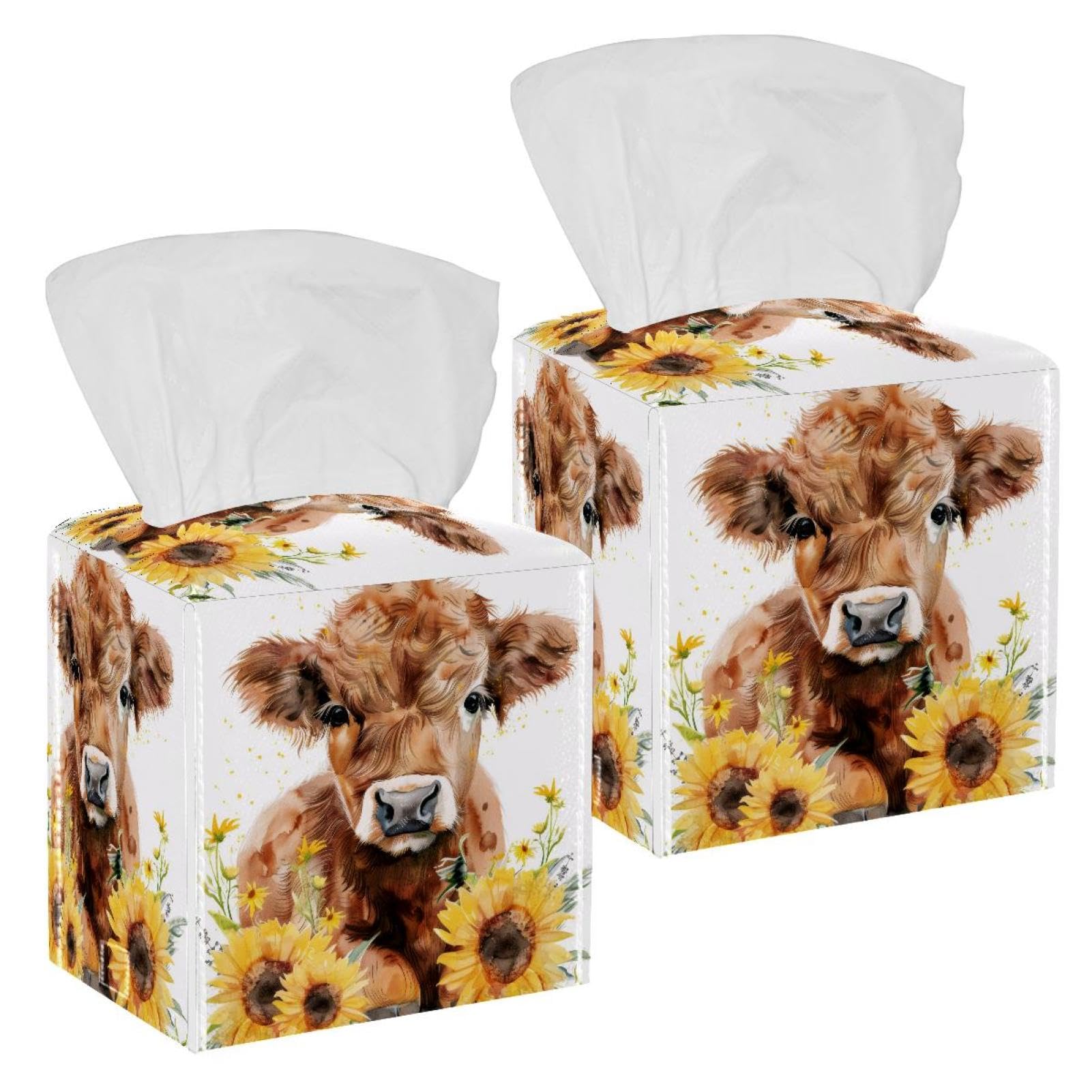 Cow Sunflower Tissue Box Cover, 2 Pack PU Leather Square Facial Tissue Dispenser Box holder for Home Office Car