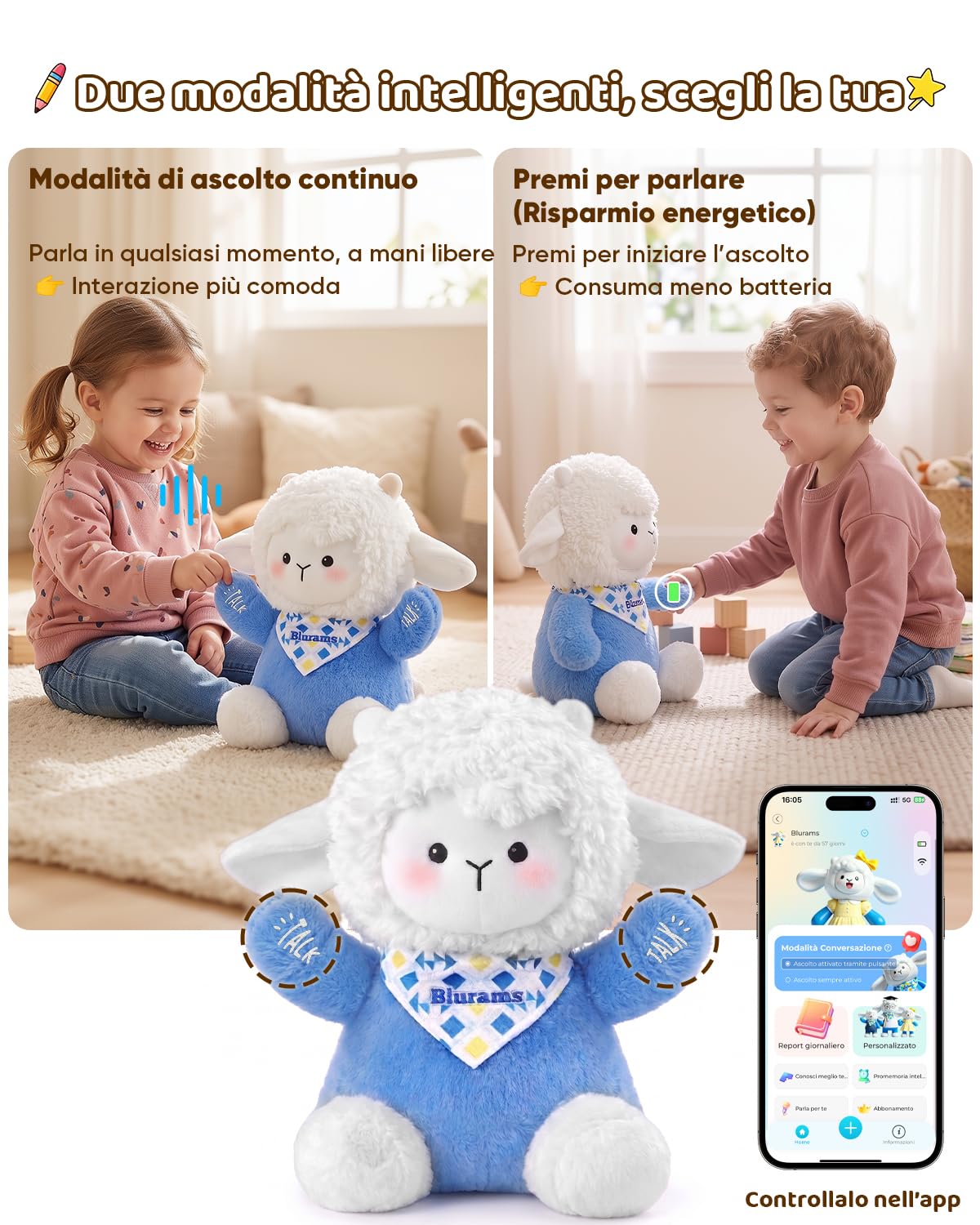 blurams Peluche Interattivo AI, Animali Giocattolo per Bambini 3–8 Anni con Chat Vocale, Controllo tramite App, Memoria e Report Giornaliero, Compagno Educativo ed Emotivo, Idee Regalo Natale 2026