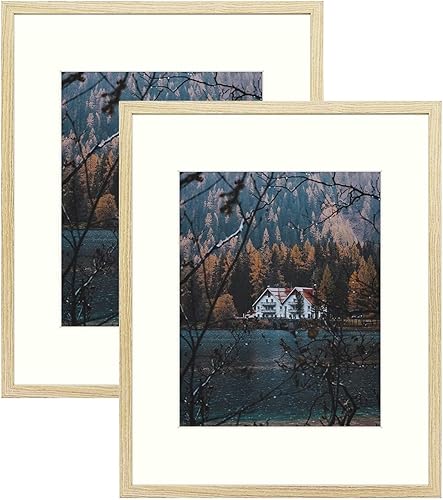 Marco de fotos con marco de marfil, acabado de grano de madera lisa, colgadores de dientes de sierra, cristal real, paisajismoretrato, decoración de