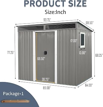 KEIKI 8x6 FT Outdoor Metal Storage Shed with Sloped Roof,Window,Transparent Plate and Lockable Door for Garden Yard Lawn