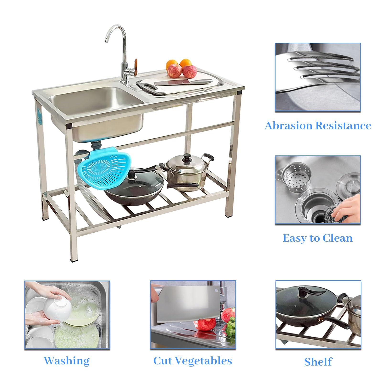 Extérieur Évier De Jardin Évier Sur Pieds En Acier Inox 1 Bac Mobile Cuisine Commercial Autoportant ÉVier avec Robinet Évier Utilitaire pour Sous-sol Restaurant Facile à Nettoyer 75x40xH75cm