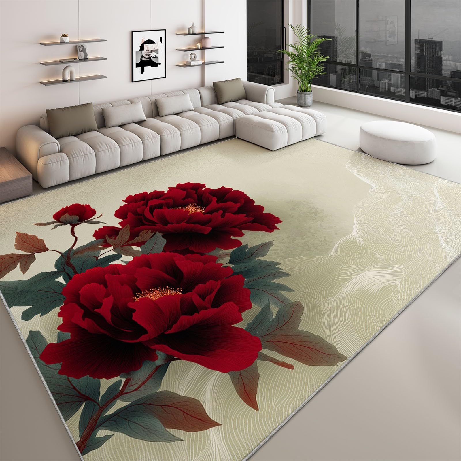 Générique Tapis Imprimé Encre Chine Plantes Fleurs 180x240 cm Moquette Poil Court Doux, Antidérapant, Léger et Résistant, Tapis Gris Clair Décoratif pour Salon Chambre à Coucher Salle à Manger