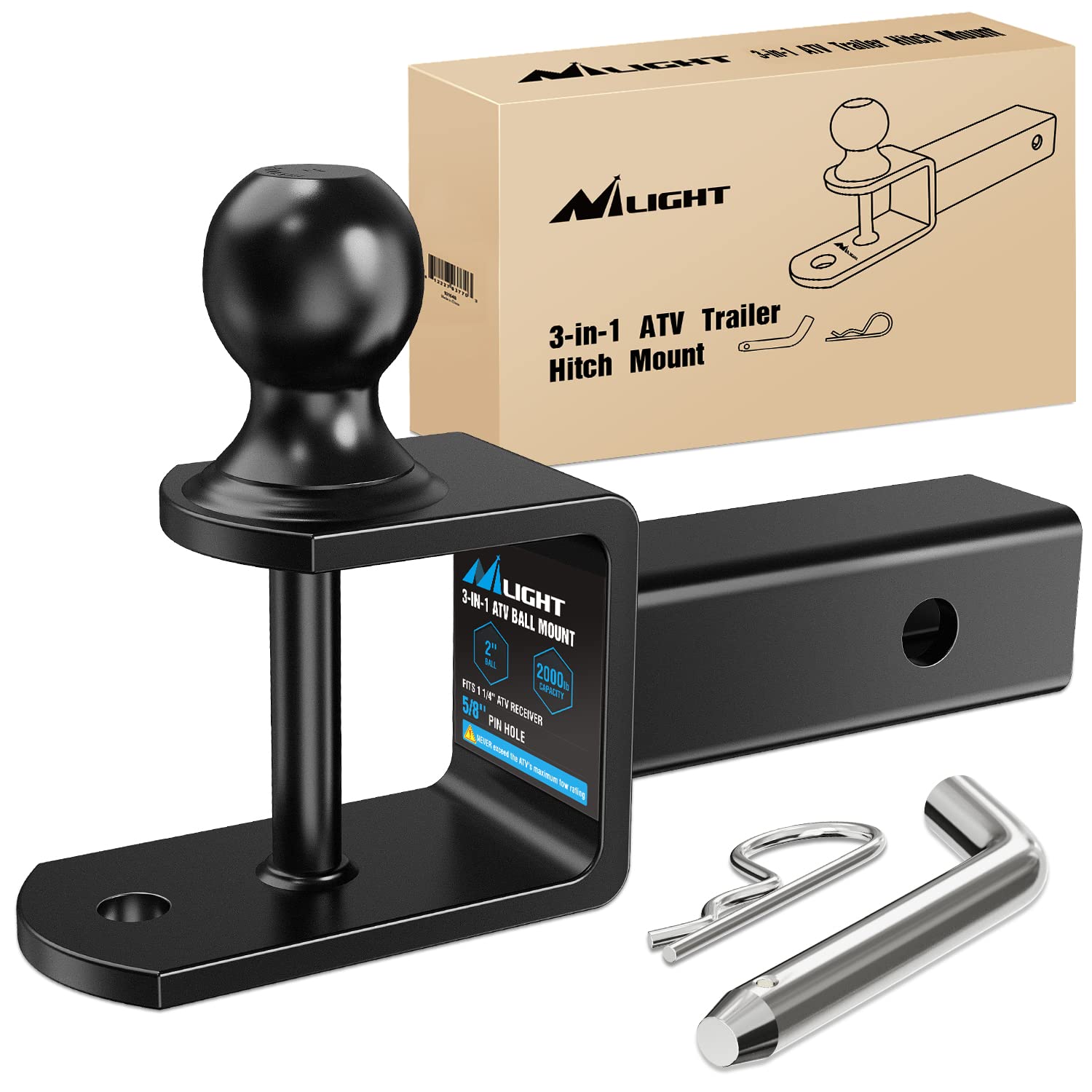 Nilight3 in 1 ATV UTV Multi Hitch Mount with 2 inch Ball Hitch Rated 2000 LBS Fits 2 Inch Receiver Winch Strap Loop Rated 5000 LBS, 2 Years Warranty