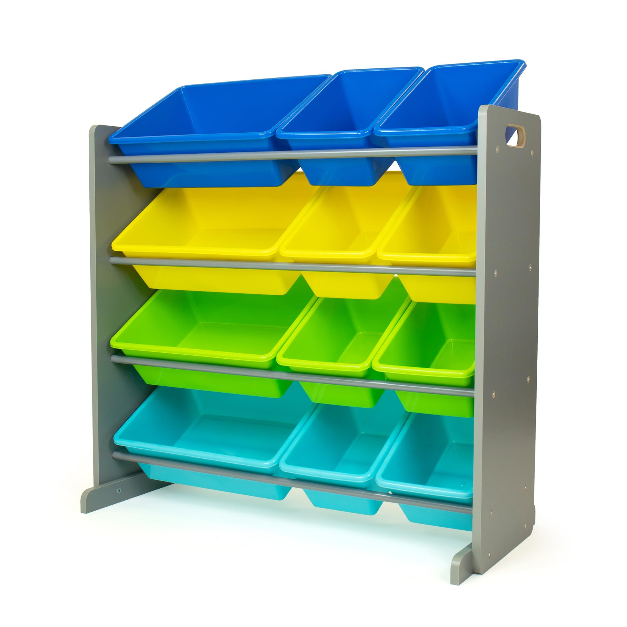 Humble Crew Kids Toy Storage Organizer with 12 Plastic Bins, Grey/Blue/Green/Yellow – Removable Bins for Playroom, Bedroom, Toddler Furniture for Boys