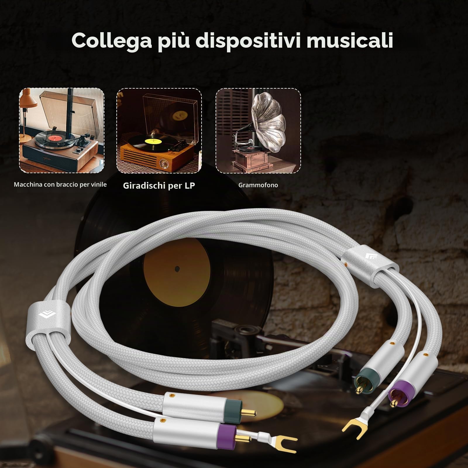Tertullus Cavo Fonofono Con Messa a Terra, 2 m, Placcato in Argento, Schermatura OFC, RCA, Spina Dorata per Giradischi Amplificatori (2 x RCA su 2 x RC/Bianco)