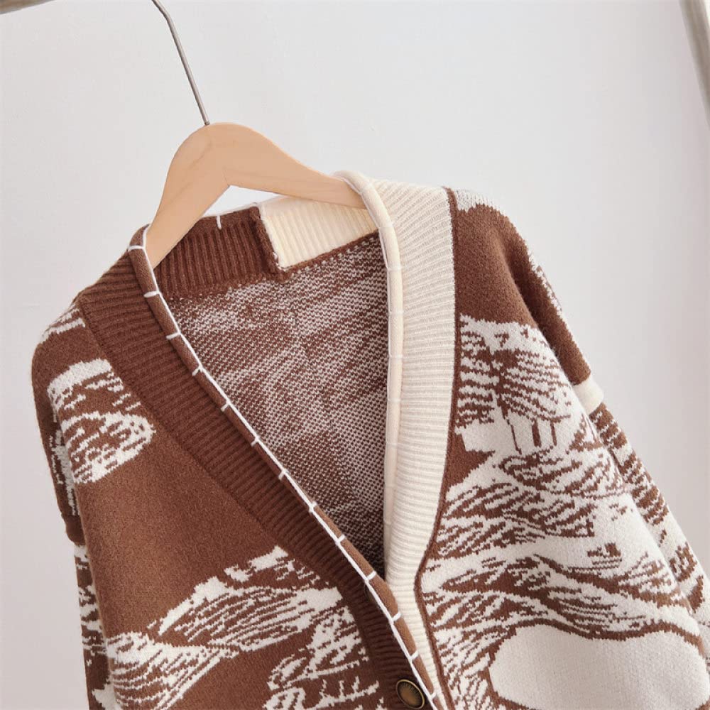Chaqueta Mujer,Suéteres De Mujer Cárdigans De Punto Abrigo Moda Chic Marrón Graffiti Jacquard Botón De Cárdigan Con Cuello En V Manga Larga Cárdigan Con Frente Abierto Chaqueta De Abrigo De Pu