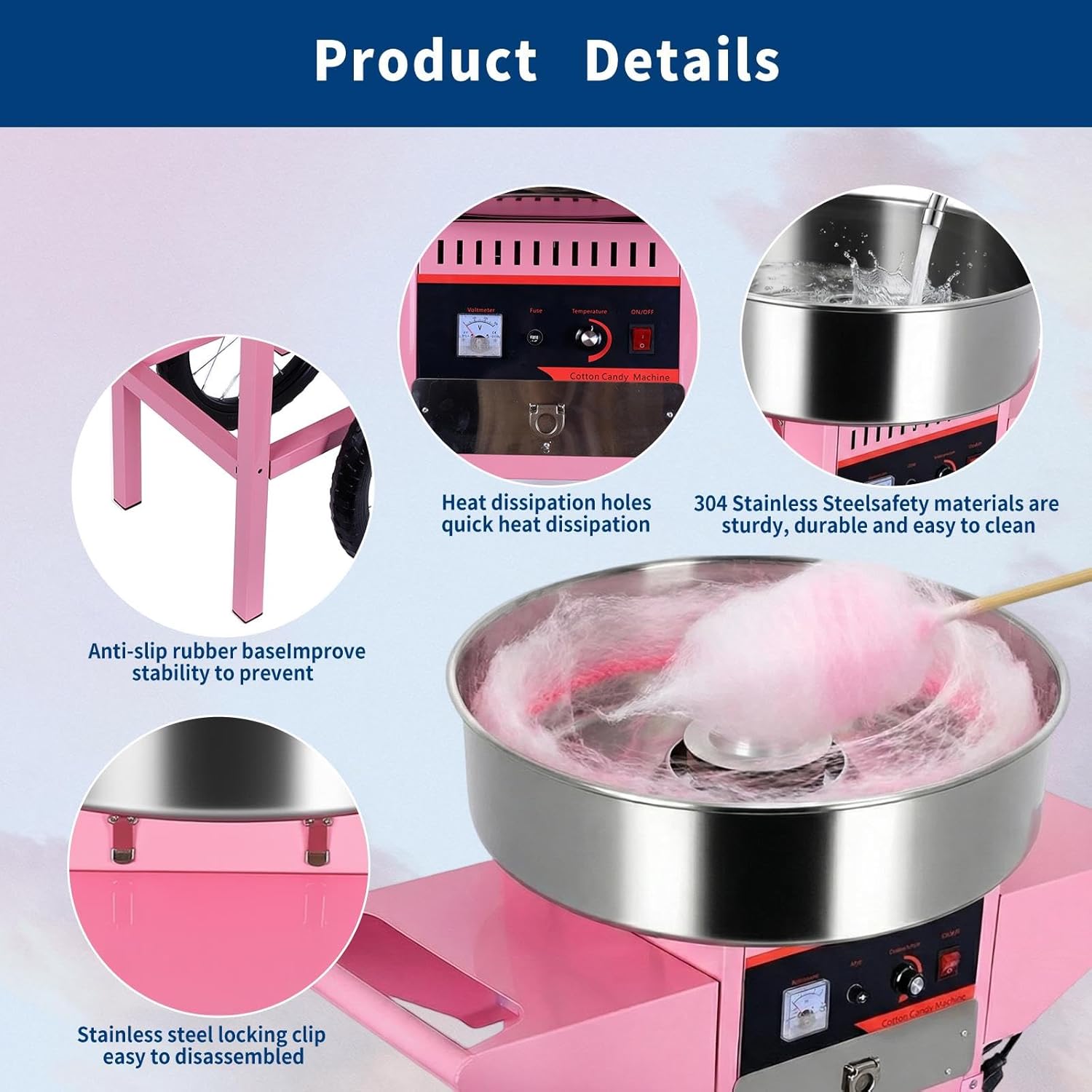 3000R/M Electric​ Cotton Candy Cart, Portable​ Cotton Candy Machine Includes Sugar Spoon and Glass Cover, Alloy Steel Bowl Cotton Candy Machine Cart, Easy Use at Home, Markets, Parties
