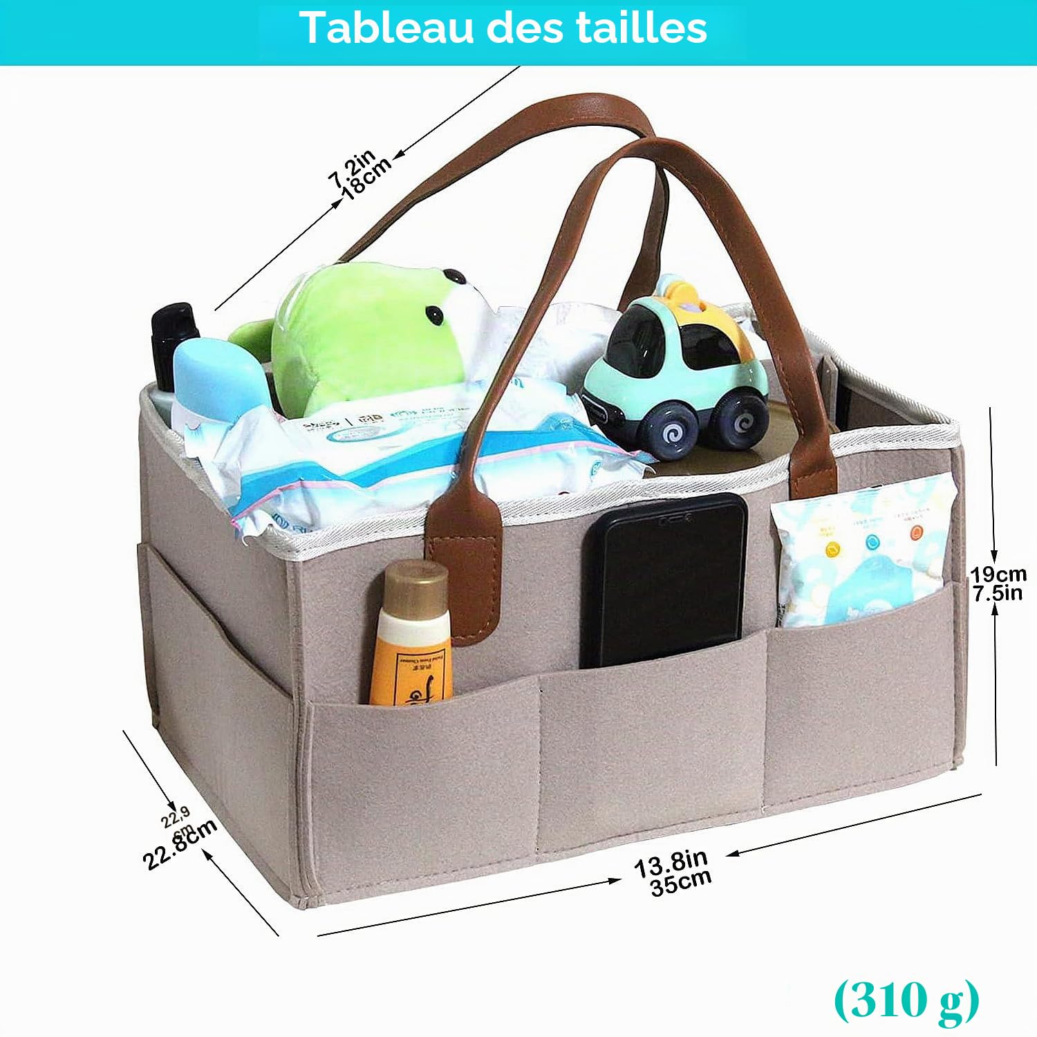 Panier à couches pour bébé - Portable - Rangement Bin - Grand sac de maternelle avec compartiments interchangeables pour commode à langer, anneau de dentition, couche, meilleur cadeau (beige)