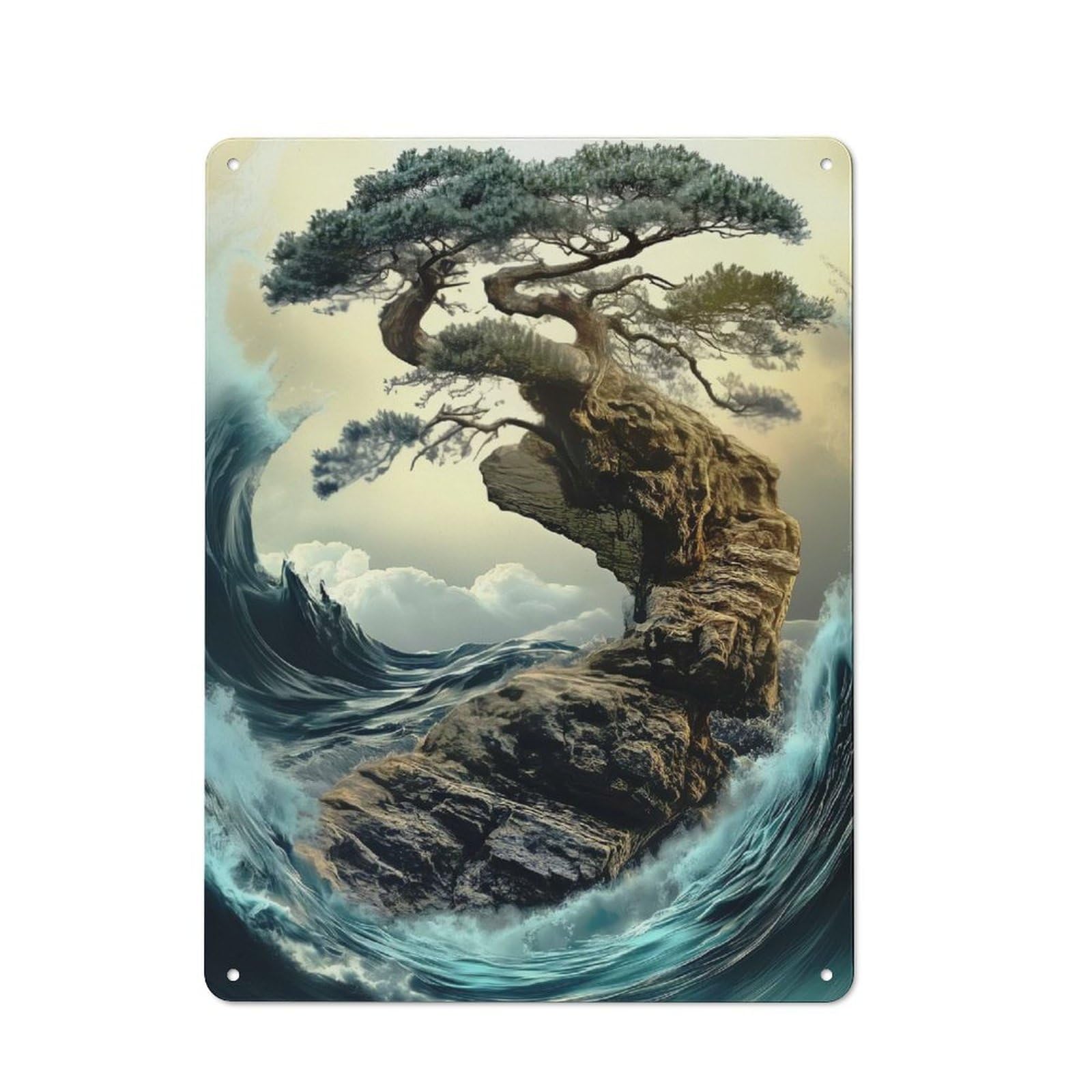 Junmoney Bonsai Tree On A Cliff Tranquil Scenery Metal Plaque With Design 40X30cm, Retro Kitchen Wall Decor For Bakery, Diner, Cafe Or Family Room