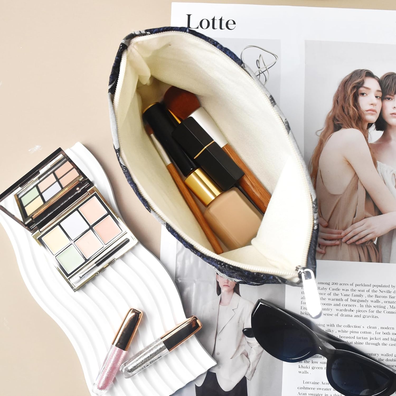 Make Up Bag Cosmetic Bags for Travel Women Floral Organizer Pouch Toiletry Bags with Zipper Large Capacity 11 navy - Image 3