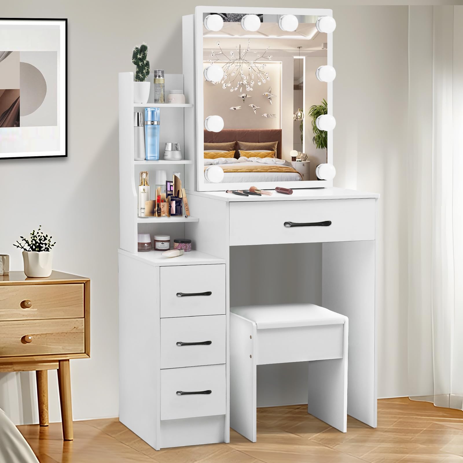 Tavolo da toeletta con illuminazione e specchio, Vanity Desk per trucco, 3 colori con luminosità regolabile, 139 x 83 x 36 cm (M03)