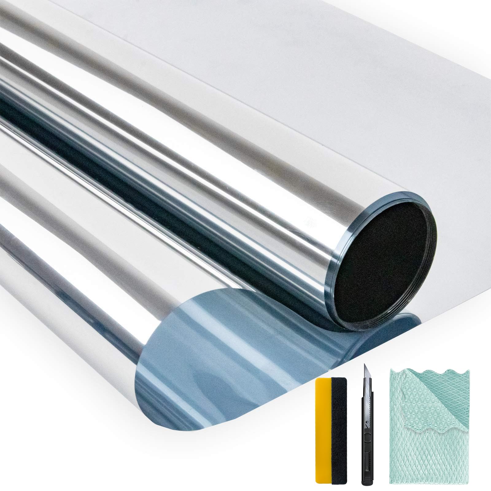 Niviy Lot de 2 films de fenêtre à sens unique avec outils d'installation réfléchissants pour fenêtre de maison - Film teinté autocollant anti-UV, contrôle de la chaleur - 44,5 x 200 cm - Argenté