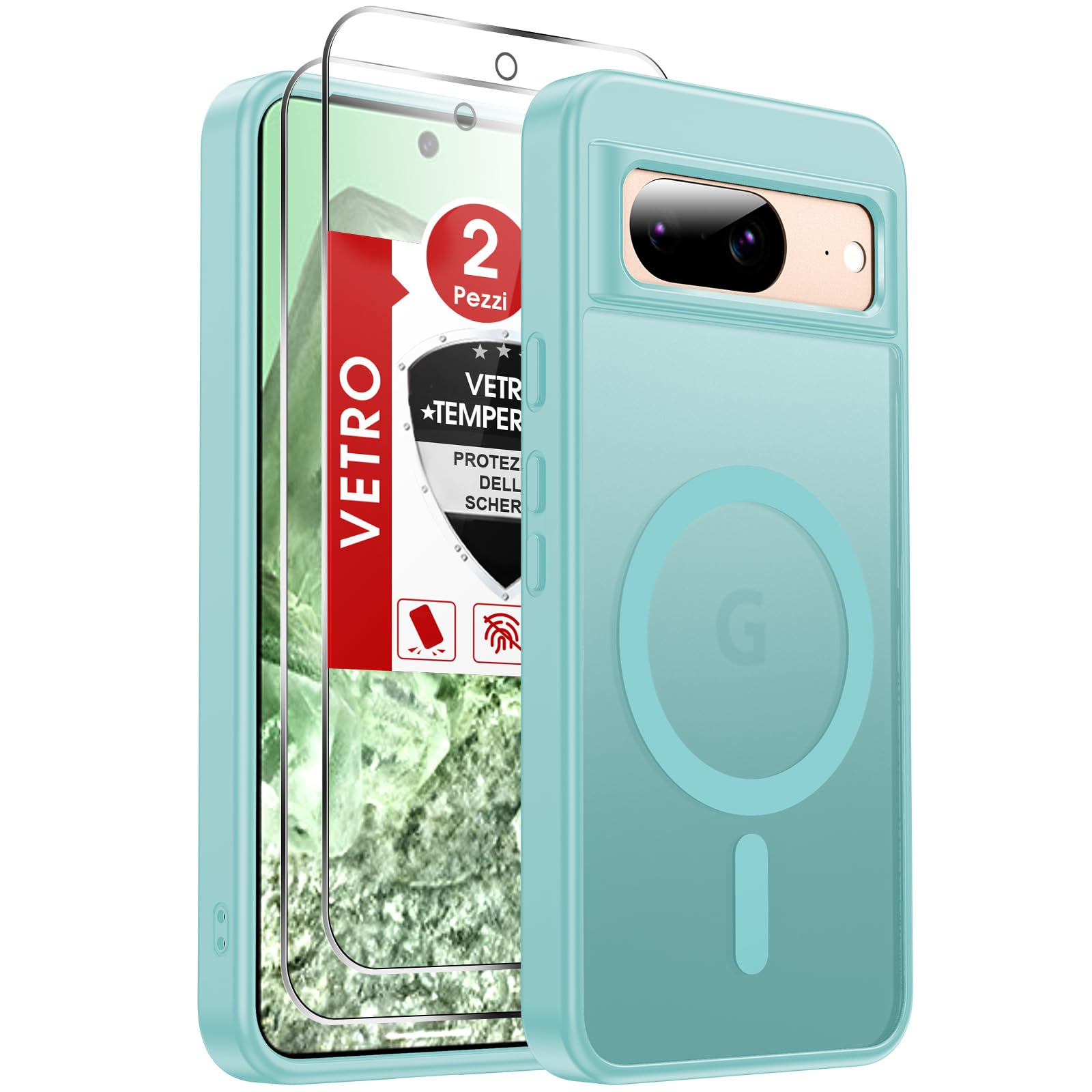 LeYi Cover Magnetica per Google Pixel 8 con 2 Vetro Temperato(Verde chiaro) | Custodia per Pixel 8 (Non 8Pro)Traslucida Opaca Anti-Impronte Resistente ai Graffi Paraurti in TPU Antiurto Protettiva Case