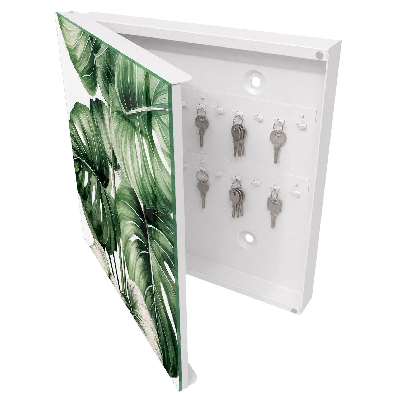 Armadietto Portachiavi 30x30 cm | Bianco | A Sinistra | Montaggio a Parete | Foglie verdi | Tasselli e Viti Inclusi | in Metallo | Frontale Decorativo in Vetro Temperato | per Uffici