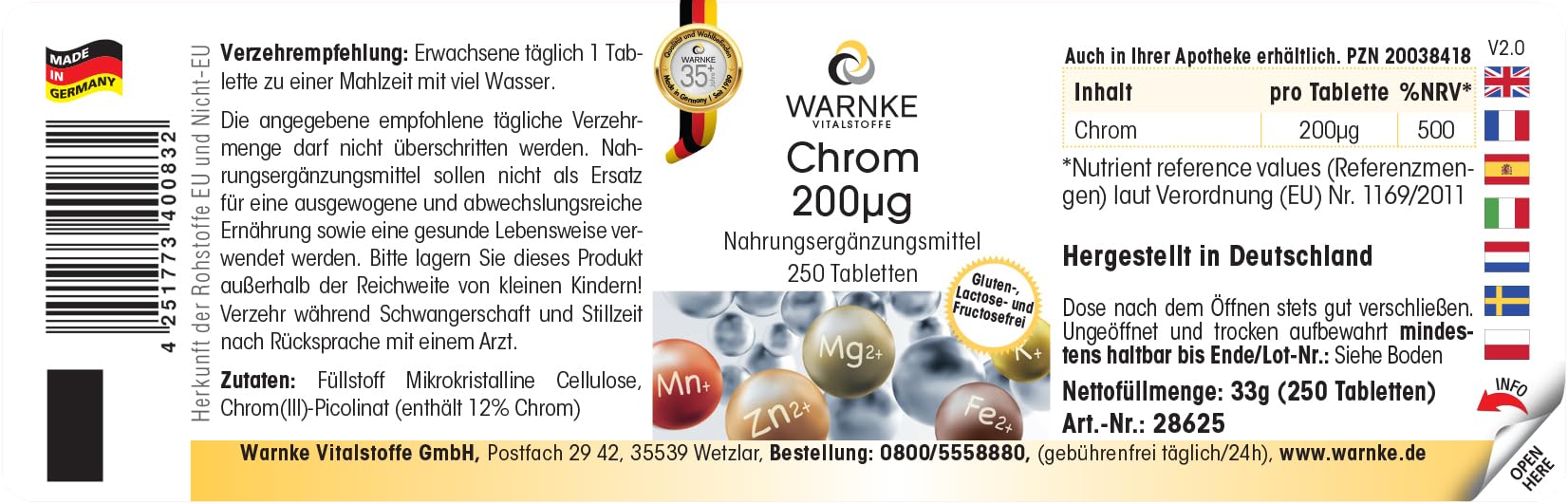 Chrom 200μg – 250 tabletek, każda zawierająca 200μg – wyprodukowano z pikolinianu chromu – WYSOKA DAWKA – niemiecka jakość farmaceutyczna – wegańskie | Warnke Vitalstoffe