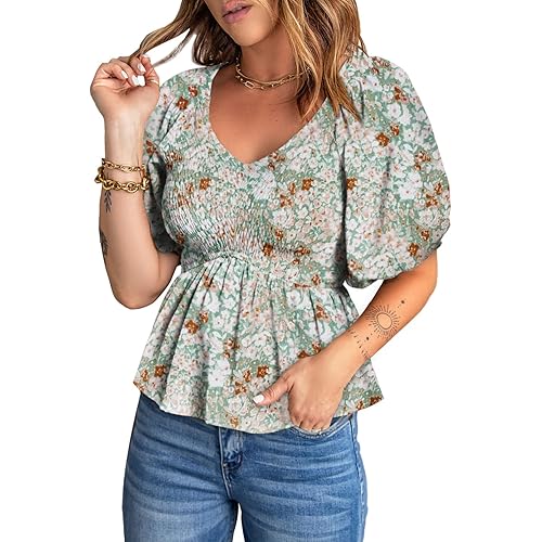 Acelitt Women's Puff Short Sleeve Peplum Top V Neck Smocked Blouses Dressy Shirt