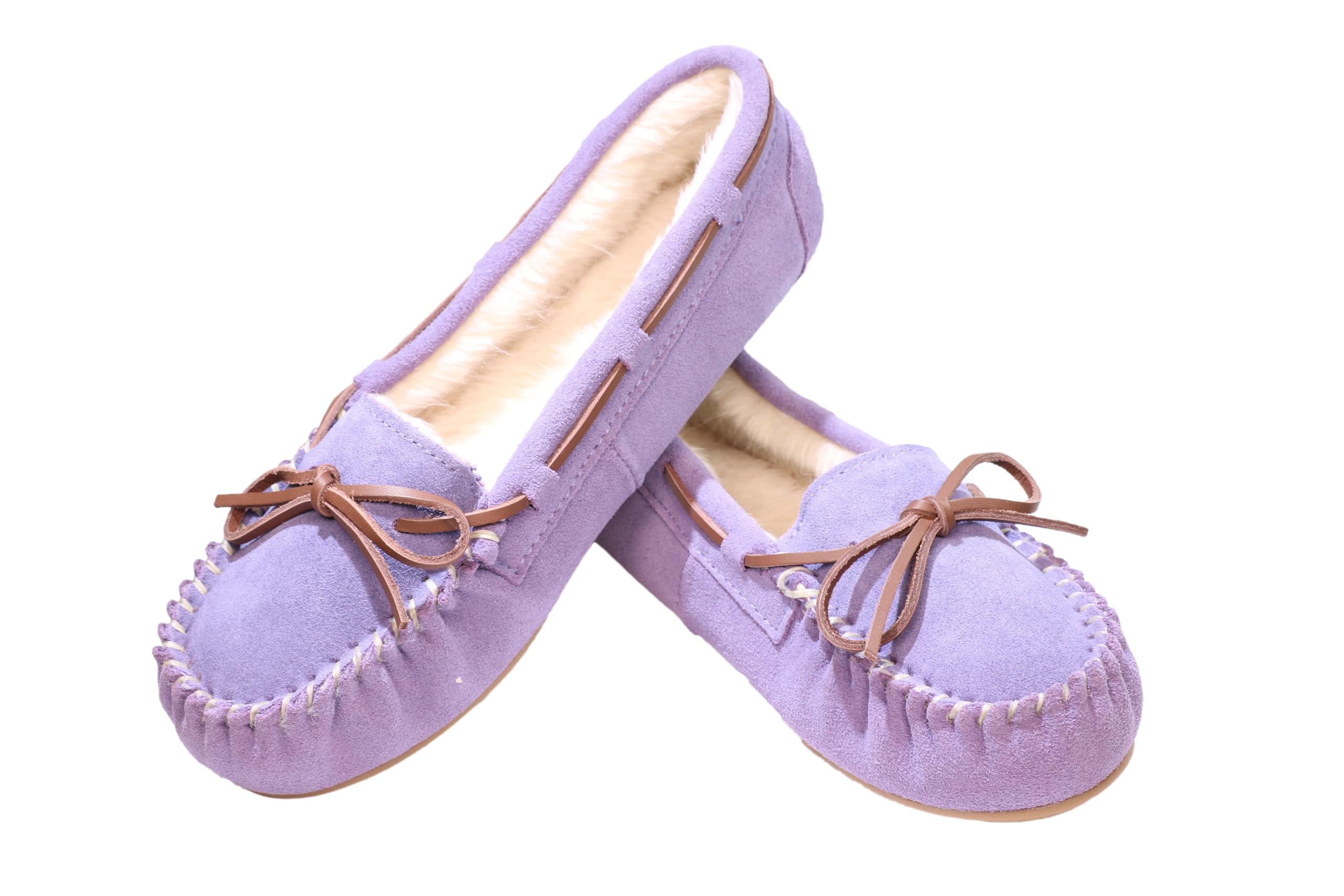 PEDOQU Women's Moccasin Slippers Cow Suede Warm Faux Fur Pile Lined Lace-Up Cozy Bow Indoor & Outdoor Moccasins Slip On Loafers Shoes for Women