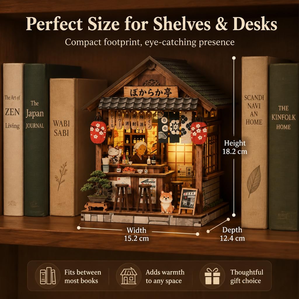 Miniaturowy zestaw do domu, domek dla lalek ze światłem LED, japoński miniaturowy model domów Izakaya, 1:24 drewniany dom "zrób to sam", miniaturowy dom dla dorosłych, japoński regał na książki
