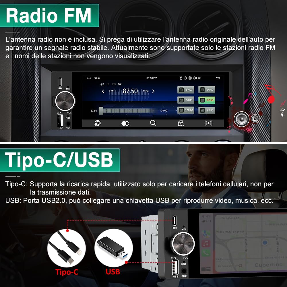 Autoradio Bluetooth 1 DIN con Schermo | CarPlay & Android Auto Wireless FM USB Tipo-C Comandi al Volante