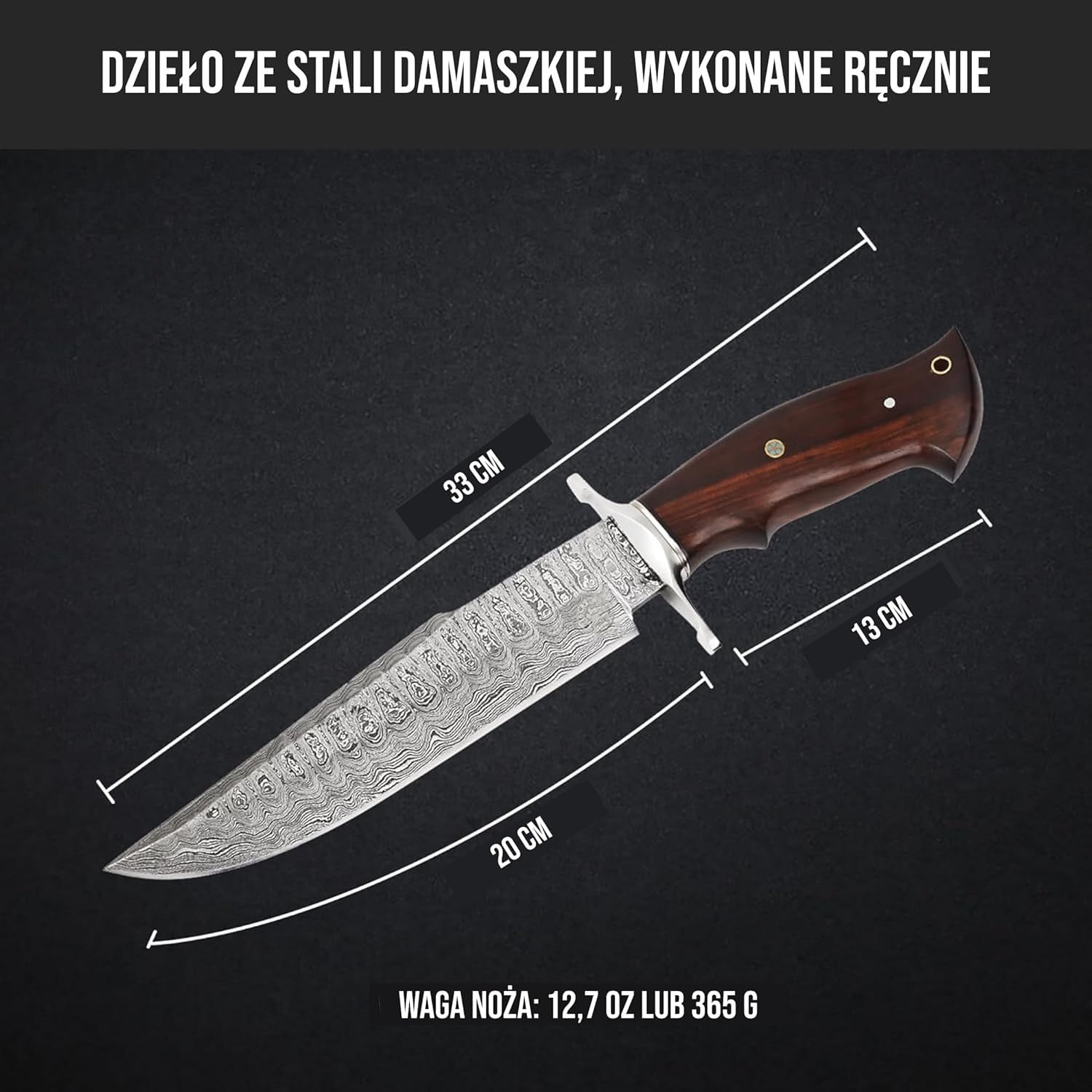 BIGCAT ROAR Ręcznie robiony nóż myśliwski z damasceńskiej stali - Nóż stałoklingowy z pochewką i uchwytem z drewna orzechowego - 13,2″ długości NOŻ MYŚLIWSKI EDC - Raptor