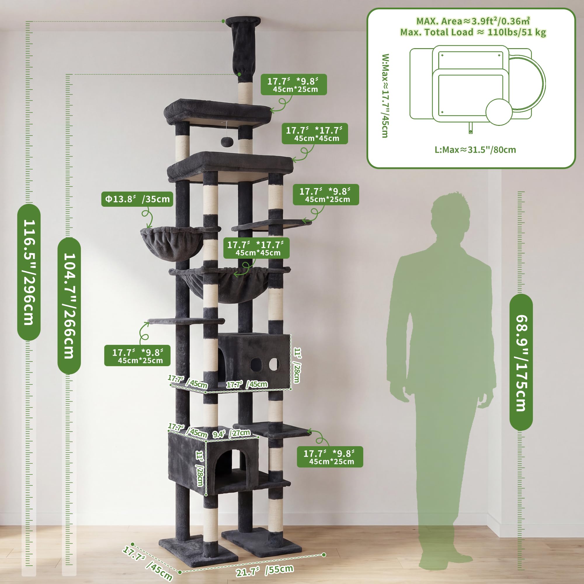 Drapak dla kota Heybly XXL, 266–296 cm, wysokość sufitu, platforma górna i szeroka podstawa, 2 legowiska dla kotów, hamaki, kosze dla kotów, 15 słupków sizalowych do drapania, Dymny Szary HCT092G