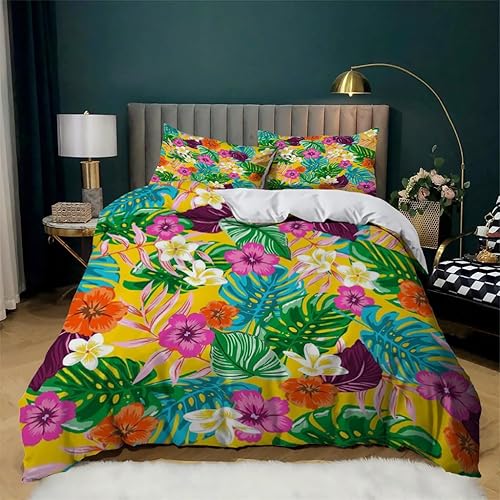 Monstera - Juego de funda de edredón tamaño individual, color amarillo, con estampado de plantas tropicales, funda de edredón de microfibra suave y