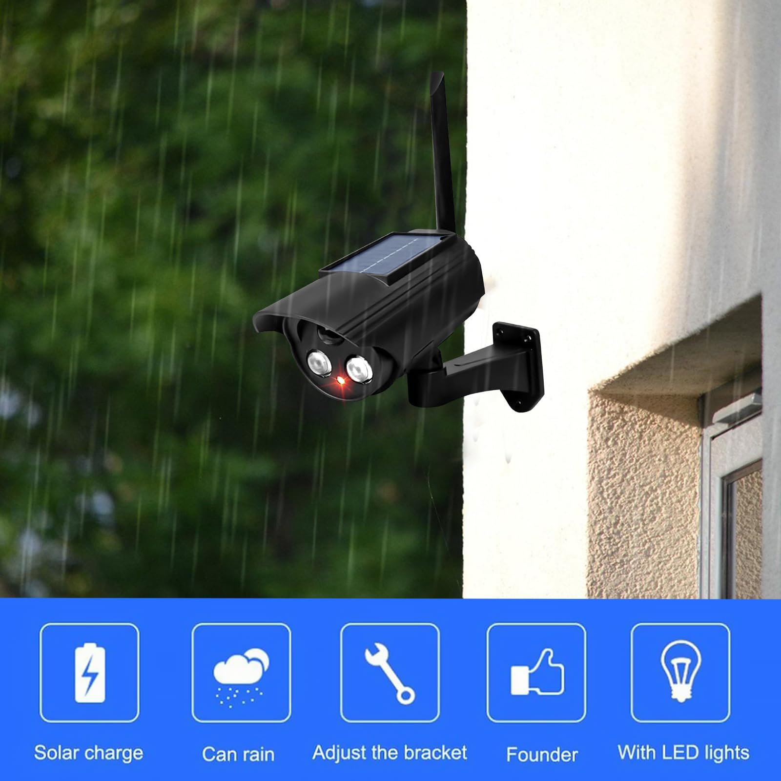 Lot de 4 caméras factices solaires factice d'extérieur avec lumière LED clignotante, factice solaire, caméra de surveillance factice pour garages, arrière-cours, portes d'entrée
