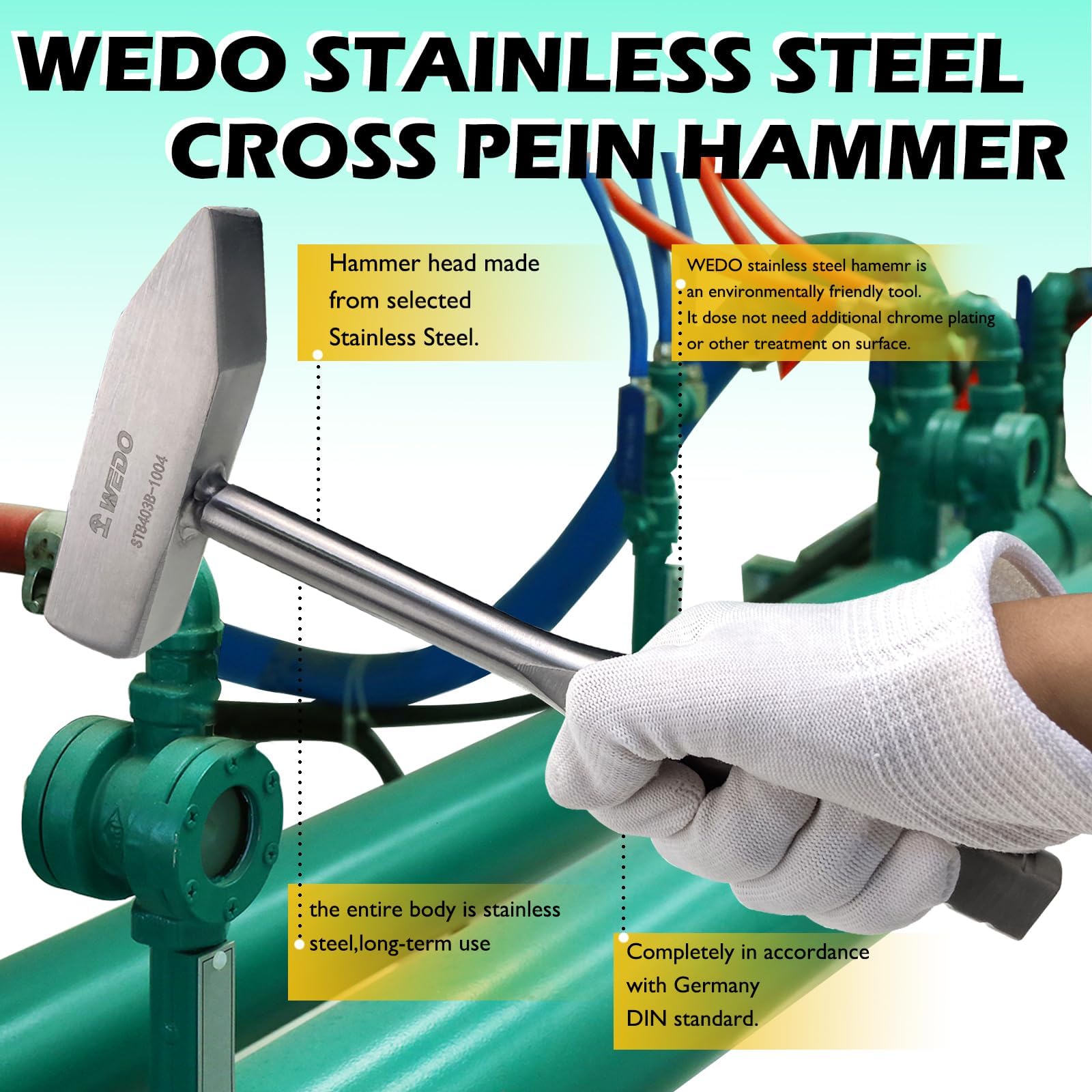 WEDO Edelstahl-Hammer, Kreuz-Pein-Ingenieure mit flachem Griff, korrosionsbeständig, rostfrei, langlebig, umweltfreundlich, 750 g