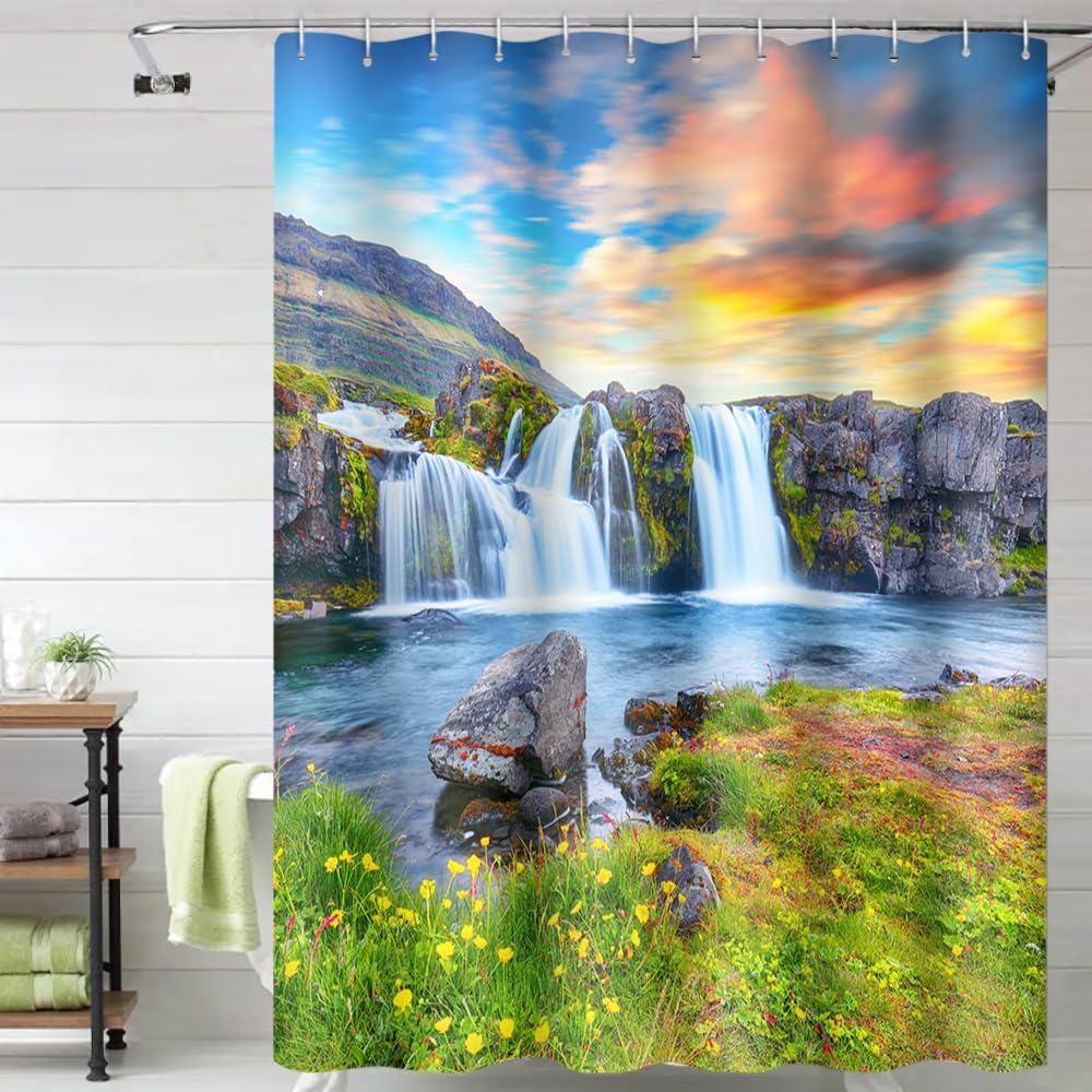 Waterfall Shower Curtain Spring Natural Scenery Mountain Lake Green Grassland Bathroom Decoration Waterproof Fabric Modern Bath Accessories Set with Hooks, 72x72 Inch